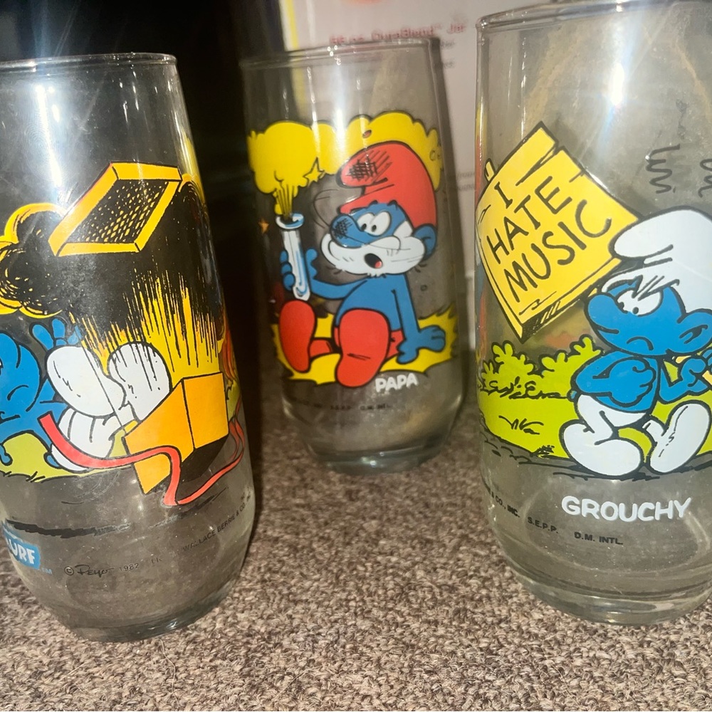 3 sets of the smurf glass cup collectibles